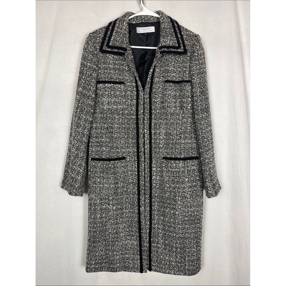 Tahari Arthur S. Levine Wool Blend Black and White Tweed Trench Coat